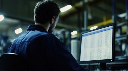 Warehouse worker viewing a spreadsheet on a computer screen at factory.        