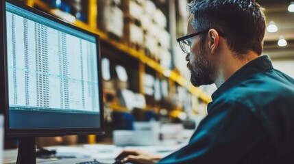 Warehouse worker viewing a spreadsheet on a computer screen at factory.        