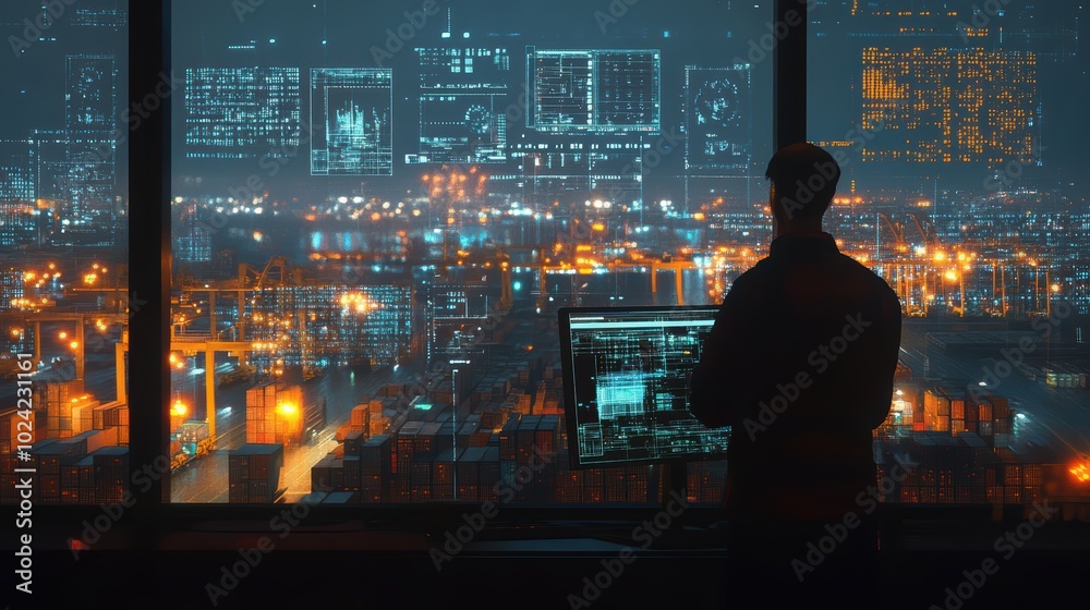 Poster worker overseeing operations at a busy container port generative ai image