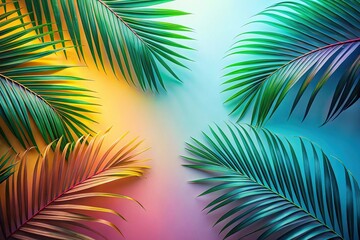 Tropical palm leaves on colorful background with bright lights and vibrant colors