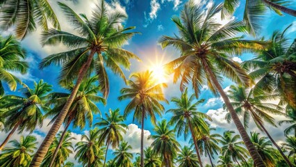 Tropical palm trees against blue sky background