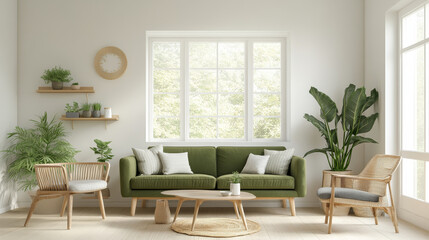 A modern living room featuring green sofa, wooden furniture, and various indoor plants, creating fresh and inviting atmosphere. Natural light floods space through large windows, enhancing serene ambia