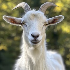 Fototapeta premium white goat outdoors with blurred greenery in the background
