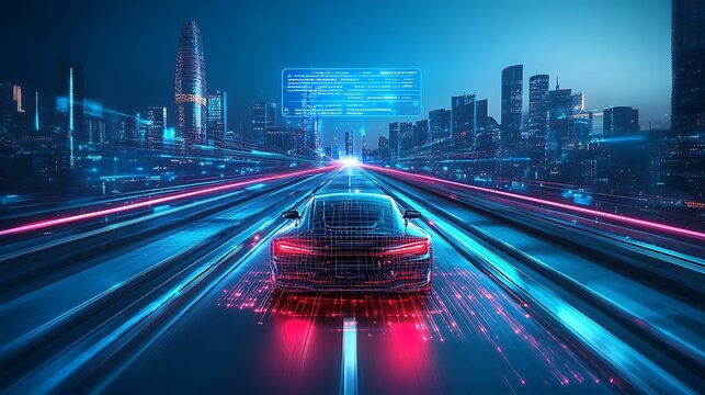 Smart autonomous car on a high-tech road, digital overlays floating above showing navigation data, road status, and safety alerts, advanced driverless technology,
