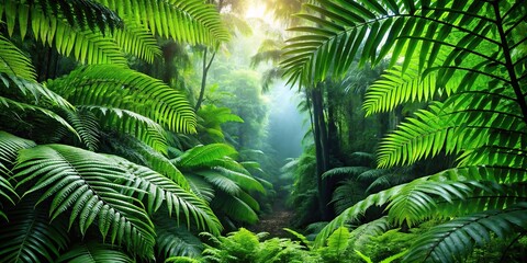 Tropical rainforest backdrop with green fern leaves