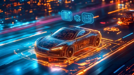 Smart self-driving car on a tech-enhanced road, holographic icons above the car showing speed, vehicle diagnostics, and road conditions, vibrant neon cityscape backdrop,