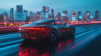 Smart self-driving vehicle on a futuristic highway, colorful data icons floating around the car indicating road safety, AI navigation, and vehicle diagnostics, advanced cityscape in the distance,