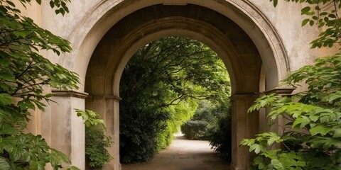 Arched stone entrance in lush green foliage.