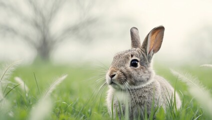 Fototapeta premium A tight shot of a rabbit amidst a field of grass Background lightly blurred with trees silhouetted beyond.