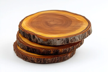 Handcrafted wooden coasters on a white background