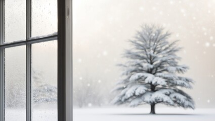 Fototapeta premium A window with snow on the exterior and a tree surrounded by snow outside it.