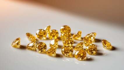 A yellow diamond cluster on a white surface with bright light illumination.