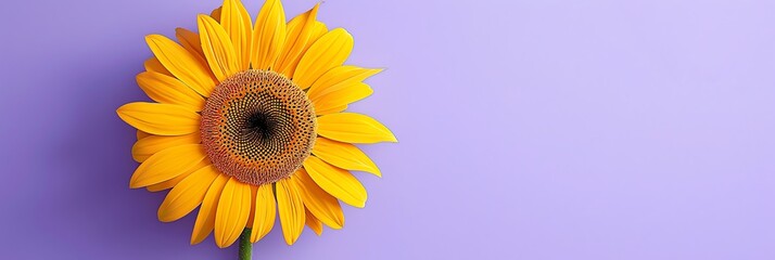 Fototapeta premium A sunny yellow sunflower flower isolated on a pastel purple background.