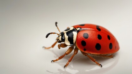 A ladybug depicting black dots on its red exoskeleton and a red spot with a black border on its back.