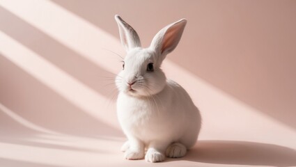Adorable White Rabbit Posing on Pink Background.