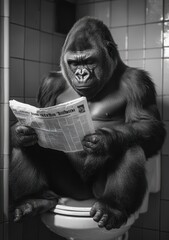 Gorilla depicted reading a newspaper while sitting on a toilet in a funny artwork