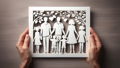 Hands holding a framed paper cutout of a family under a tree