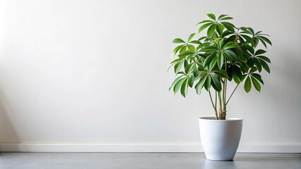 Umbrella plant Schefflera Actinophylla in white pot on white background Extreme Close-Up