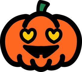 Simple orange cute pumpkin icon.  Connecting heart eyes and smiling. Halloween or holywin concept.