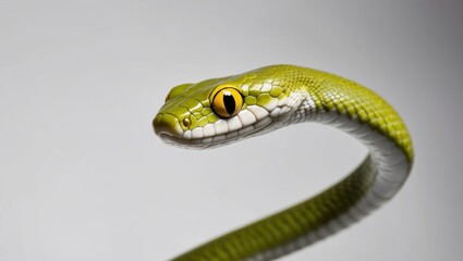 Fototapeta premium A tight shot of a green snake's head displays a yellow mark in the center of one eyeball.
