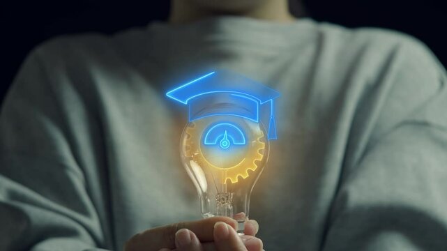 Apprentice concept, a person who is undergoing apprenticeship training in pursuance of a contract of apprenticeship. Woman holding lightbulb to show gear with graduation hat icon on virtual screen.