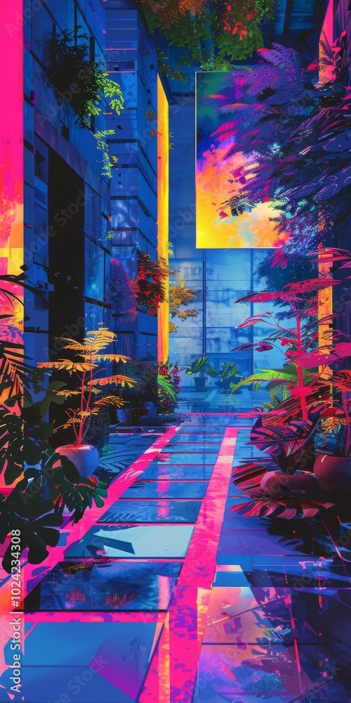 Poster A colorful, neon-lit city street with a path of plants and trees. The street is lined with buildings and has a reflective surface