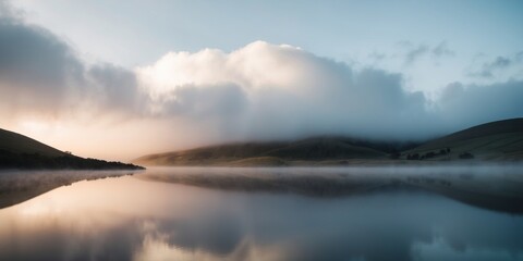 On peaceful dramatic morning cozy of misty wall clouds view surface hills across rolling in water on reflected night over.