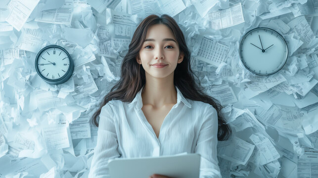 woman lies on pile of paperwork, surrounded by clocks, conveying sense of calm amidst chaos
