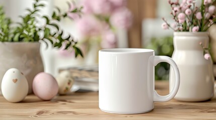 White coffee mug on wooden table with soft natural light