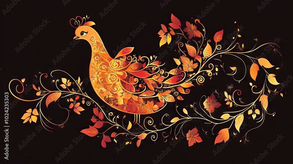 Wall mural A bird with orange feathers is perched on a branch with leaves