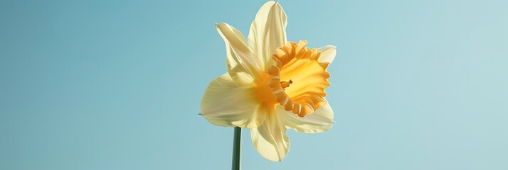 A sunny yellow daffodil flower isolated on a light blue background.