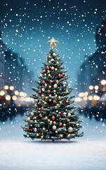 Obraz premium Festive Christmas tree with lights and decorations, snow falling in a winter wonderland.