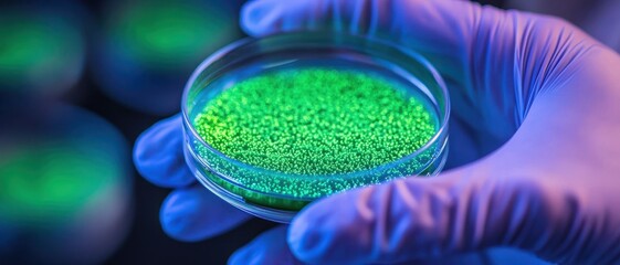 Hand holding a petri dish with glowing green substances in a lab setting.