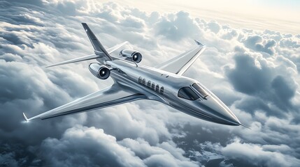 A Silver Private Jet Soaring Above Fluffy White Clouds