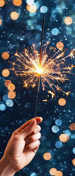 Hand holding a sparkler against a blurred blue background with bokeh lights.