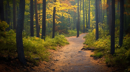 Obraz premium Nature trail and hiking path in forest. Forest scene with hiking path, straight trail through forest