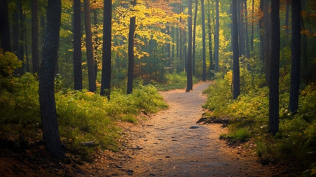 Nature trail and hiking path in forest. Forest scene with hiking path, straight trail through forest