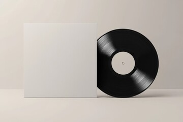 A vinyl record displayed prominently beside a plain white sleeve on a neutral background