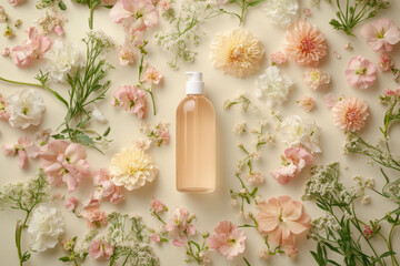 A bottle of shower gel surrounded by delicate flowers on a soft background