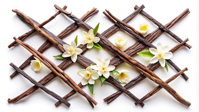 Vanilla sticks lattice pattern with vanilla flowers on white background