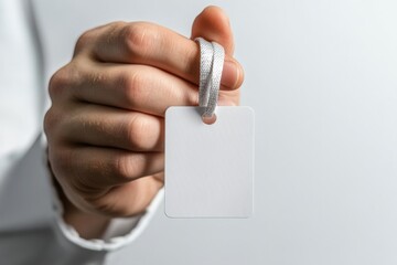 Close-up of a hand holding a blank badge in a bright indoor setting