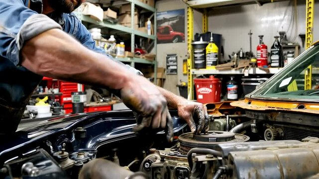 A mechanic with dirty hands works on the engine of a classic car in a cluttered garage. He's using tools to fix the engine