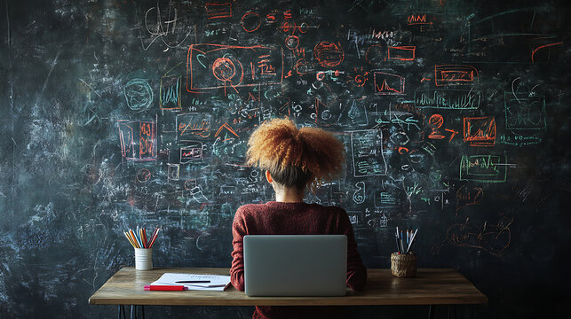 A woman sits at a desk with a laptop and a chalkboard behind her - Powered by Adobe