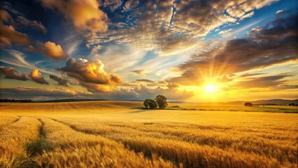 Fototapeta premium Vast and serene panorama of cultivated land bathed in warm sunlight close-up