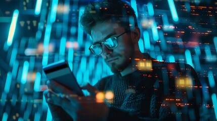 Business professional using smartphone and credit card for secure online banking transactions, emphasizing fintech and blockchain technology concepts