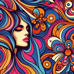 Abstract woman retro cool digital artwork. Contemporary pop art design, 70s style vivid flower child surreal pop art. Seamless pattern psychedelic hypnotic cartoon hippie trippy landscape
