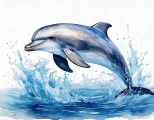 Naklejka premium Vibrant illustration of a dolphin leaping out of the ocean with splashing waves, beautifully rendered in watercolor style, perfect for marine themes.