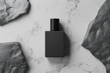 Elegant black perfume box mockup displayed on a marble surface with stone accents