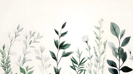 Watercolor Illustration of Green and Grey Botanicals on White Background