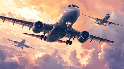 Three Airplanes Flying Through Sunset Clouds